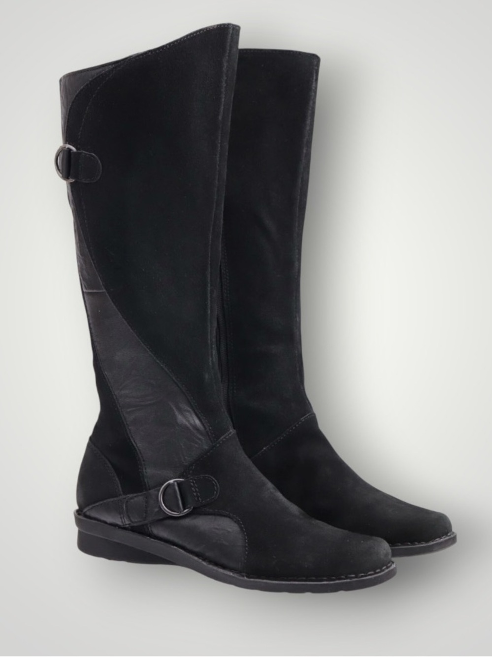 Clarks Nikki Midtown Tall Black Suede Leather Buckles Side Zipper Riding Boots
